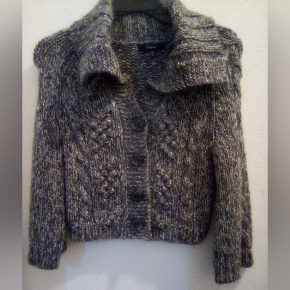 Express Elegant Cropped Wool Blend Knit Gray Cardigan Sweater Size XS Cozy